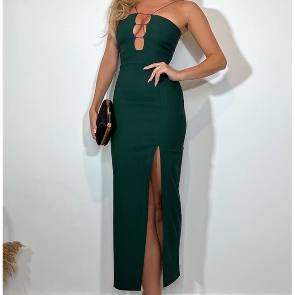 VESPER Katie Forest Green Strappy Cut Out Slit Midaxi Dress